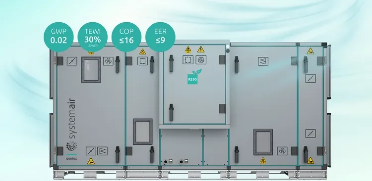 Systemair Geniox HP DFN air handling unit with integrated R290 heat pump, showing GWP 0.02, TEWI 30% lower, COP up to 16 and EER up to 9