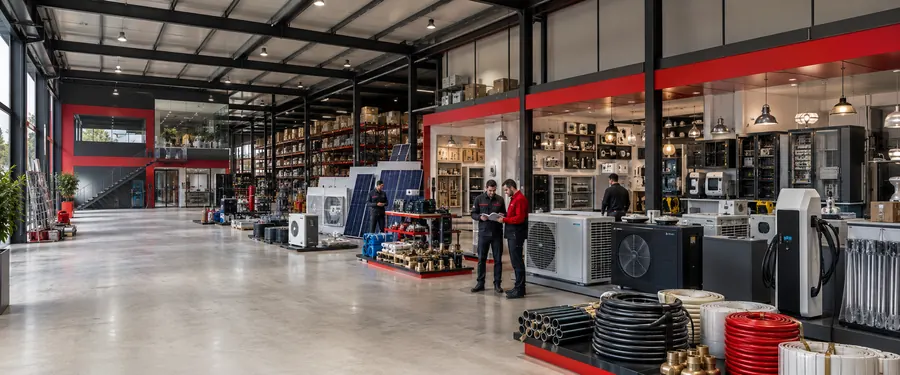 ERAM Group distribution centre and trade counter, with HVAC, electrical, plumbing and solar product displays