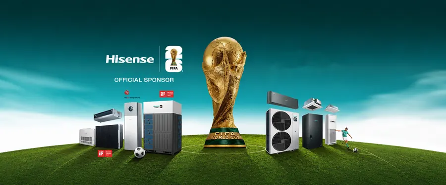 Hisense climate product range beside the FIFA World Cup trophy, with the Hisense official sponsor lockup