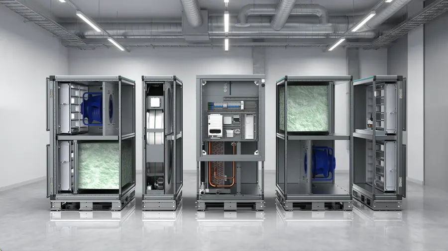 Systemair Geniox air handling units with integrated heat pump, internal view of fan sections, filters and controls