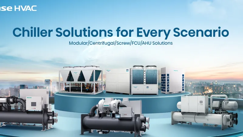 Hisense water-cooled and modular chiller units arranged on a display platform.