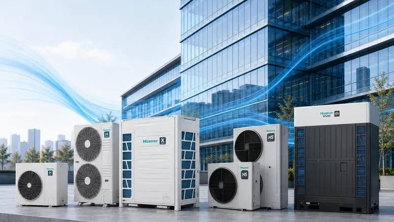 A row of Hisense HVAC outdoor units of different capacities on a plaza in front of a glazed office building.