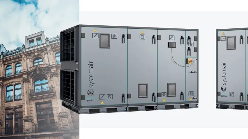 Two Systemair air-handling units installed beside a commercial building facade.