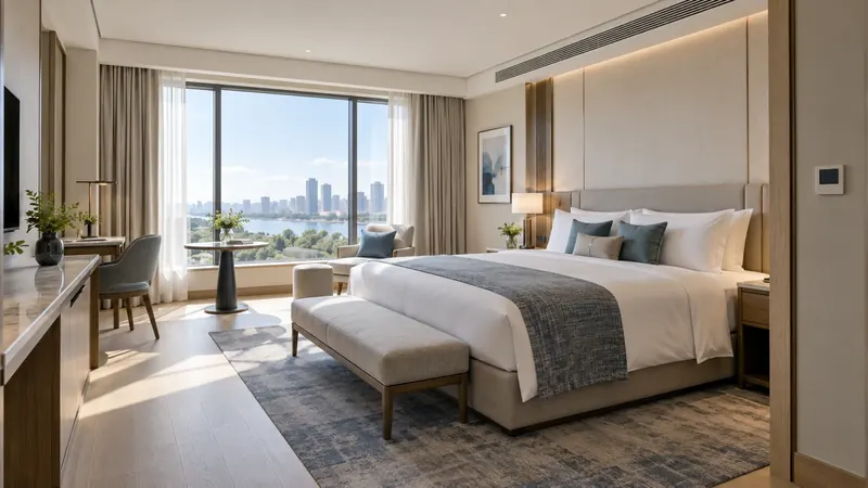 Hotel guest room with a king bed, desk and full-height window, served by a concealed indoor unit and a wall-mounted room controller.