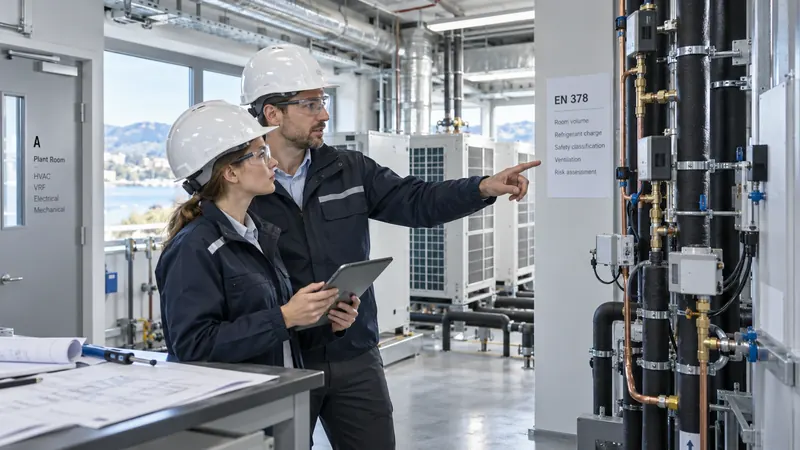 Two engineers in a plant room reviewing an EN 378 checklist covering room volume, refrigerant charge, safety classification, ventilation and risk assessment.