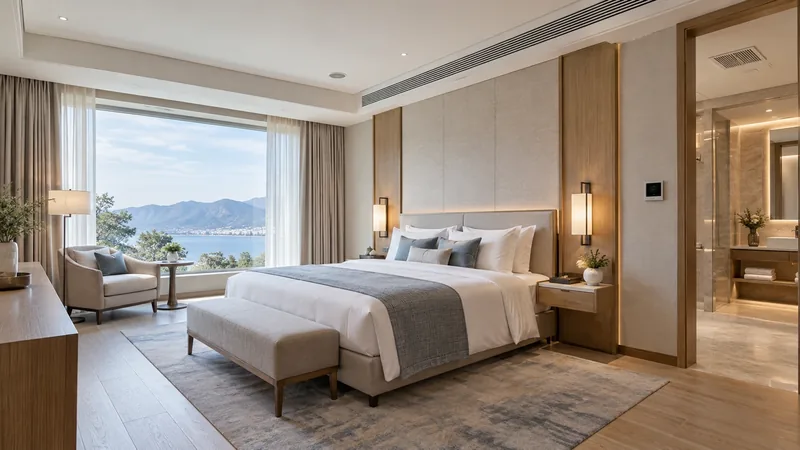 A hotel guestroom with a linear slot diffuser set into the ceiling bulkhead above the bed and a wall-mounted room controller beside the bathroom door.