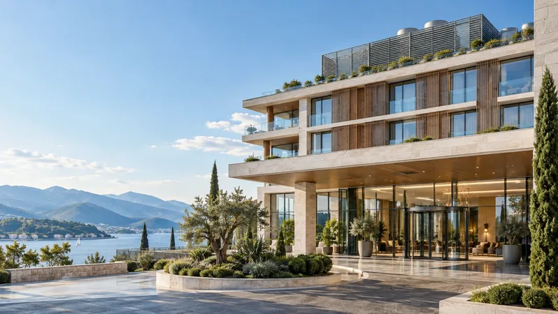 The entrance and sea-facing elevation of a modern hotel, with the rooftop plant screened behind louvres above the top floor.