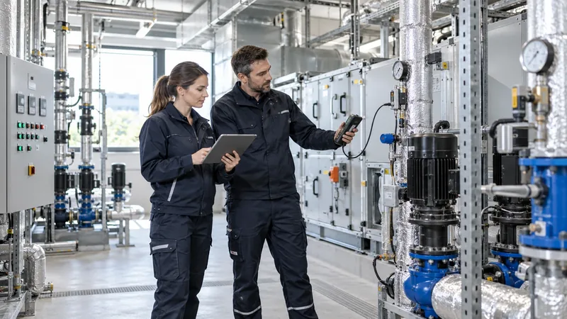 Two engineers in a mechanical plant room, one holding a tablet and the other taking a reading with a handheld instrument beside an air-handling unit.