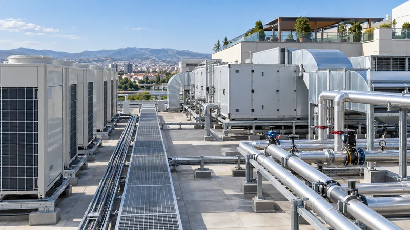 A hotel rooftop plant deck: a row of air-cooled outdoor units on one side, air-handling units, ductwork and insulated pipework on the other.