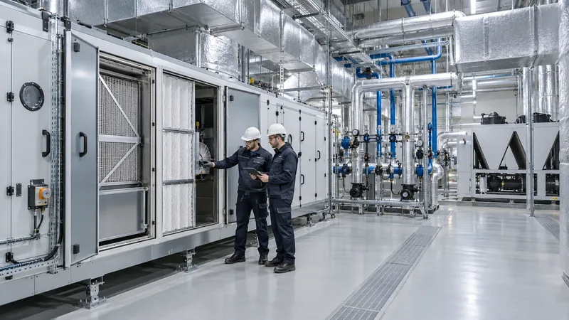 Two engineers inspect the open filter section of a large air-handling unit in a plant room, with insulated ductwork, valved pipework and chillers behind them.