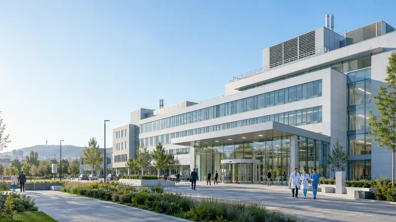 The glazed main entrance of a modern hospital in daylight, with louvred rooftop plant and exhaust stacks visible above the upper floor.