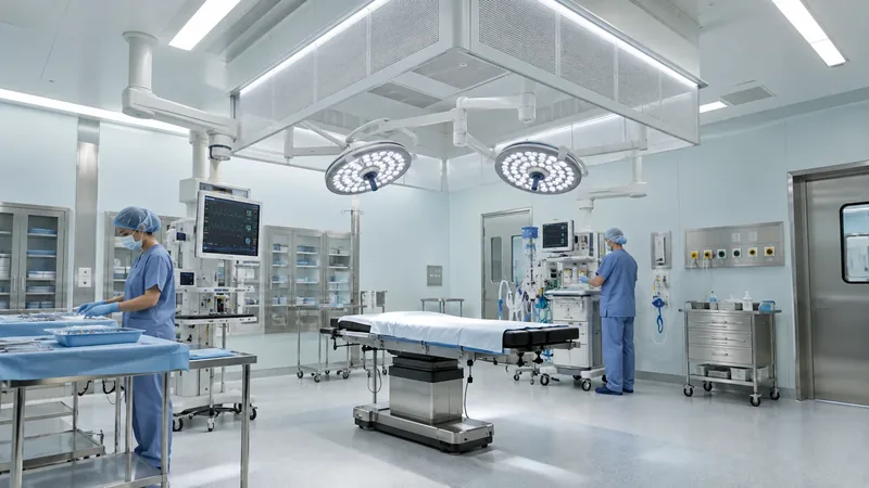 An operating theatre with a large laminar-flow ceiling canopy above the table, flanked by surgical lights, anaesthesia equipment and patient monitors.