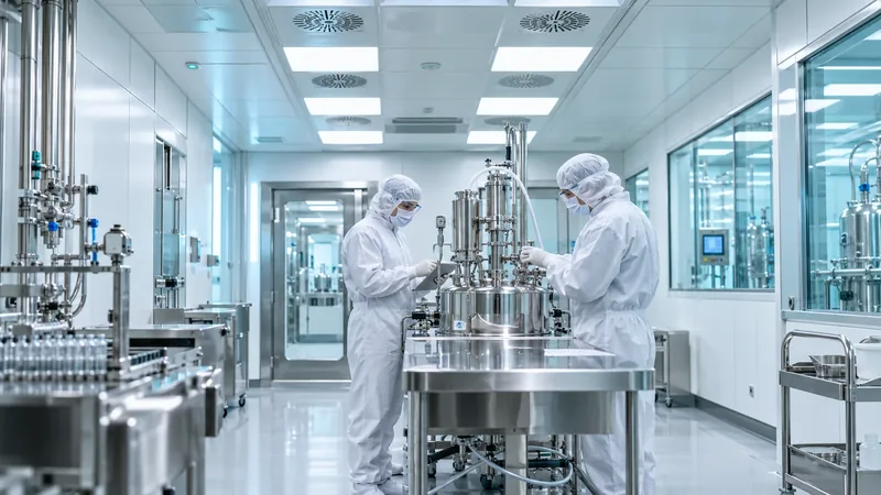 Two operators in full cleanroom gowning work at a stainless-steel process vessel in a pharmaceutical suite, with filtered supply diffusers in the ceiling above.