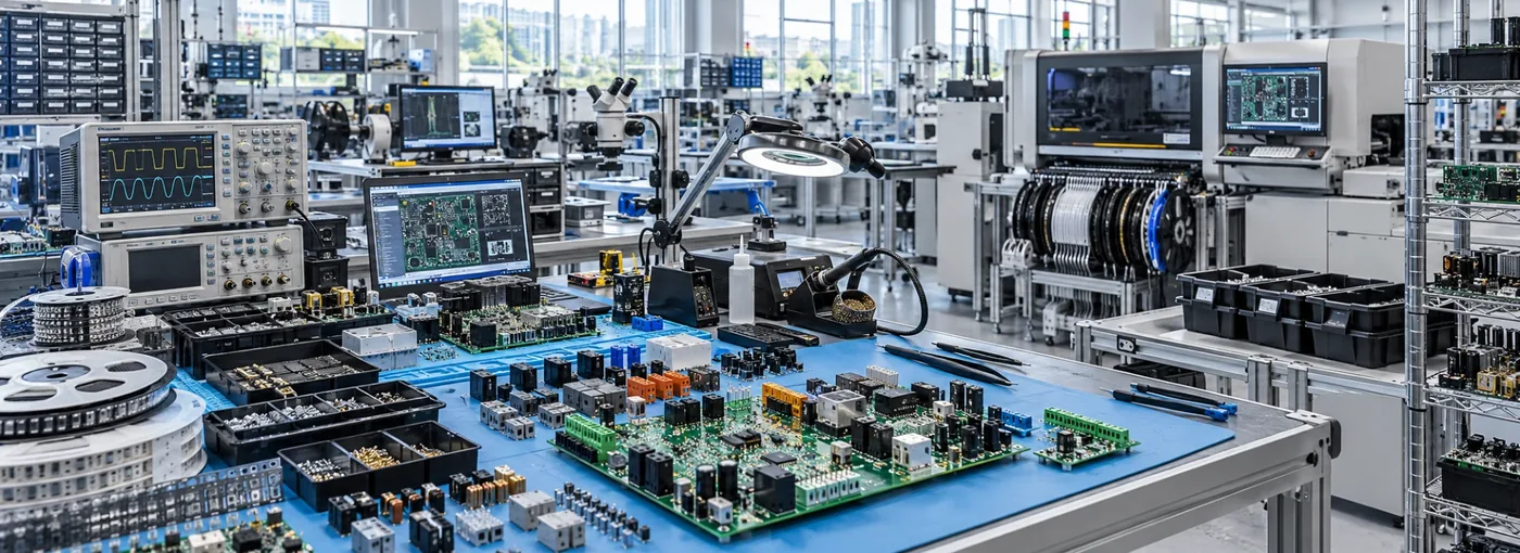 An electronics assembly and test bench: populated circuit boards laid out on an ESD mat, with an oscilloscope, a stereo microscope, a magnifier lamp, a soldering station and racked component reels behind.