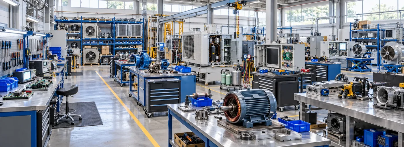 ERAM&rsquo;s service workshop: an electric motor opened on a bench in the foreground, with pumps, air-handling units and outdoor refrigeration units on test stands down the hall beneath an overhead crane.