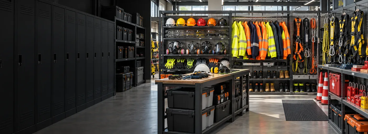 A personal protective equipment store: hard hats, safety glasses, respirators and gloves racked above a central bench, with high-visibility jackets, fall-arrest harnesses and safety boots along the wall.