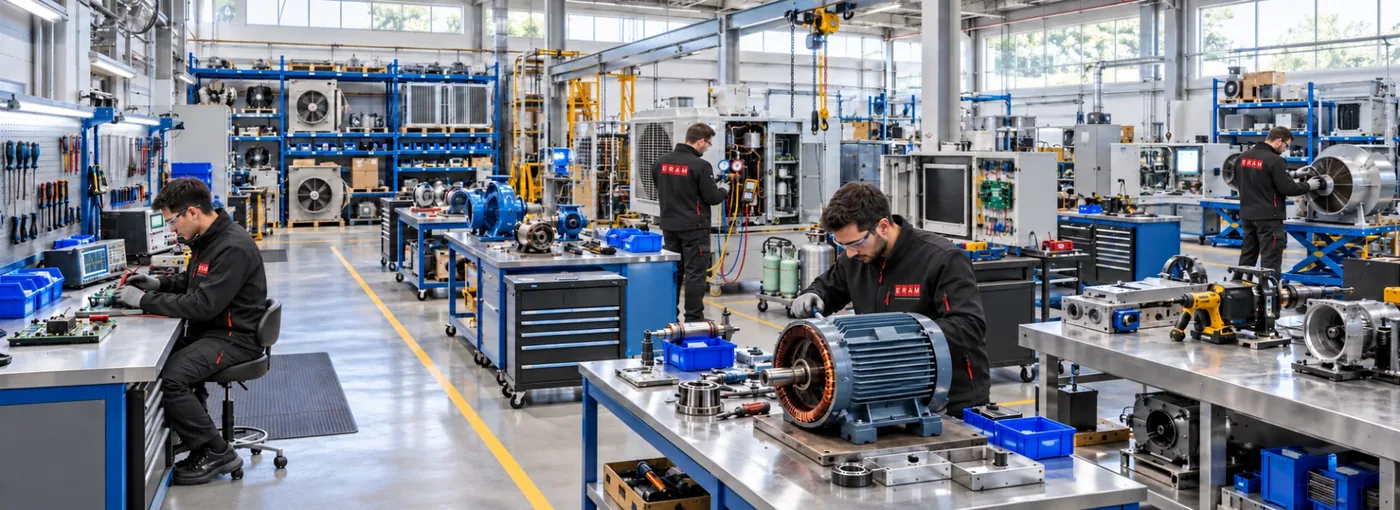 Three ERAM technicians at work in the group&rsquo;s service workshop: one stripping an electric motor on the front bench, one gauging an opened outdoor refrigeration unit, one on a fan assembly, with test benches and tool cabinets down the hall.